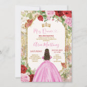 Invitation Robe rose Fleurs rouges Princess Gold Mis Quince (Devant)