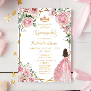 Invitation Robe Rose Floral Elégante Cadre Or Quinceanera