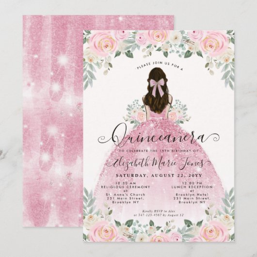 Invitation Robe rose florale 15e anniversaire Quinceanera (Devant / Derrière)