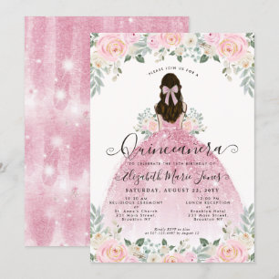Invitation Robe rose florale 15e anniversaire Quinceanera