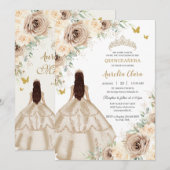 Invitation Robe Rose Florale Princess Quinceañera Champagne (Devant / Derrière)
