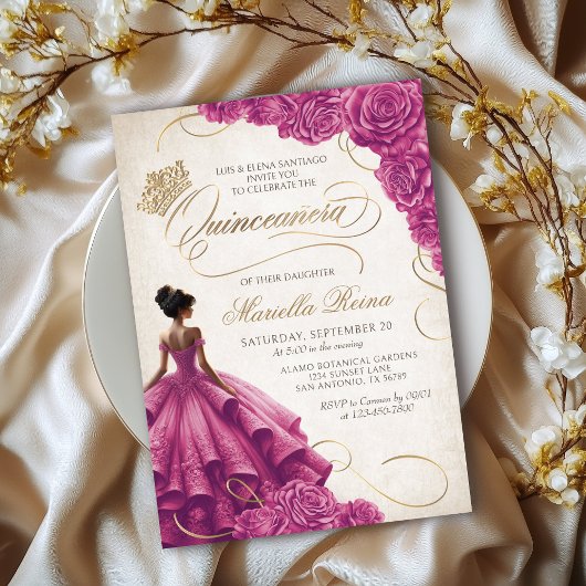 Invitation Robe rose Florale Quinceañera