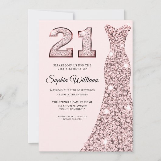 Invitation Robe rose Gold Bluish 21e fête d'anniversaire (Devant)