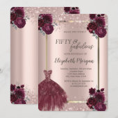 Invitation Robe Rose Gold Confetti Bourgogne Roses 50e (Devant / Derrière)