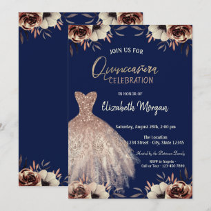 Invitation Robe Rose Gold Fleurs Bleu Marine Quinceañera