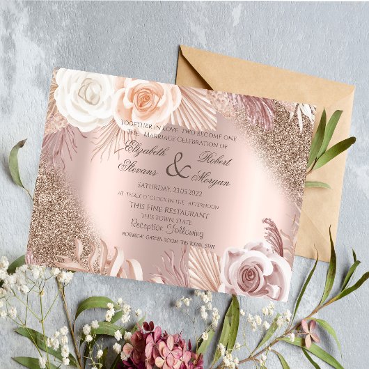 Invitation Robe Rose Gold Fleurs Boho Mariage