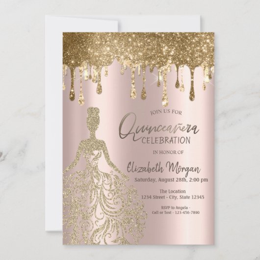 Invitation Robe Rose Gold Glitter Drips Quinceanera (Devant)