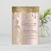 Invitation Robe Rose Gold Glitter Drips Quinceanera (Debout devant)
