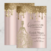 Invitation Robe Rose Gold Glitter Drips Quinceanera (Devant / Derrière)