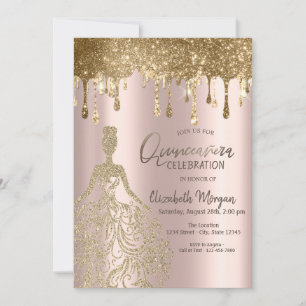 Invitation Robe Rose Gold Glitter Drips Quinceanera 