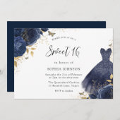 Invitation Robe Rose Gold & Navy Étincelle Douce 16 Partie (Devant / Derrière)
