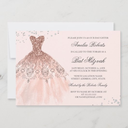 Invitation Robe rose Gold Sparkle Bat mitzvah Diamond (Devant)