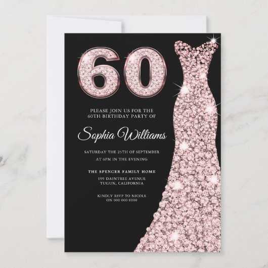 Invitation Robe rose Gold Sparkle Blush 60e fête d'anniversai (Devant)