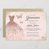 Invitation Robe rose Gold Sparkle Papillon Quinceanera (Devant / Derrière)