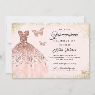 Invitation Robe Rose Gold Sparkle Papillon Quinceanera Invi
