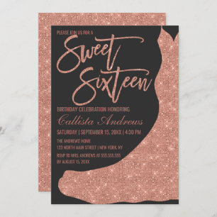 Invitation Robe Rose noir brillant Parties scintillant or dou