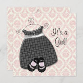Invitation Robe rose Noir Chaussures Rose Noir Damas Bébé Fil (Devant / Derrière)
