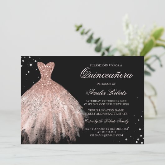 Invitation Robe Rose noir or étincelante Quinceanera Invitati (Debout devant)