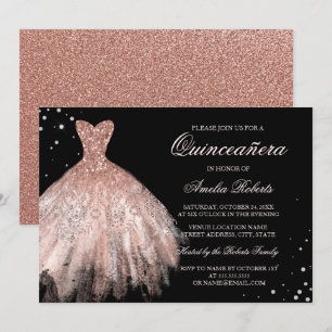 Invitation Robe Rose noir or étincelante Quinceanera Invitati