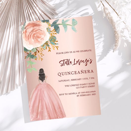 Invitation Robe rose or à fleurs Quinceanera