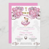 Invitation Robe rose Or Baby Charra Balloons Baptême Baptême (Devant / Derrière)