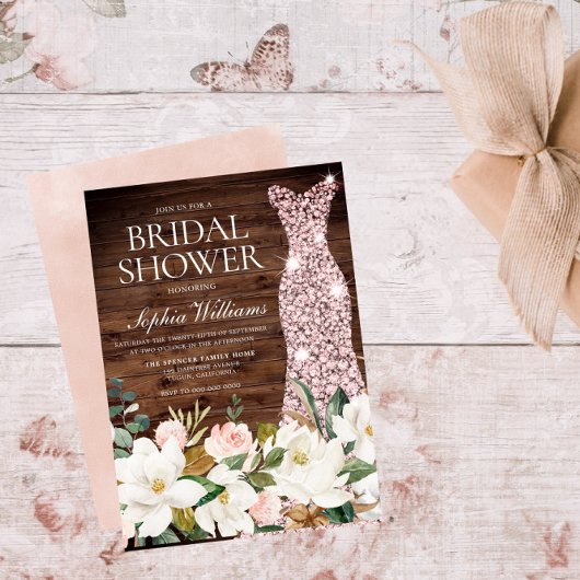 Invitation Robe rose or Blush White Rustic Fête des mariées