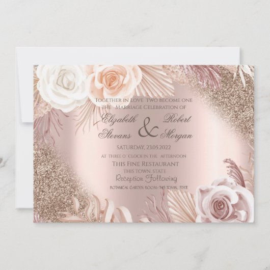 Invitation Robe rose or Boho Fleurs Mariage (Devant)