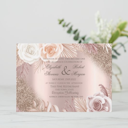 Invitation Robe rose or Boho Fleurs Mariage (Debout devant)