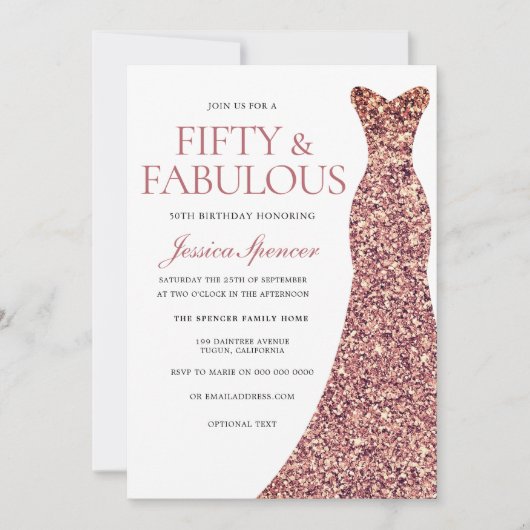 Invitation Robe rose or étincelante femmes 50e fête d'anniver (Devant)