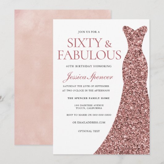 Invitation Robe rose or étincelante femmes 60e fête d'anniver (Devant / Derrière)