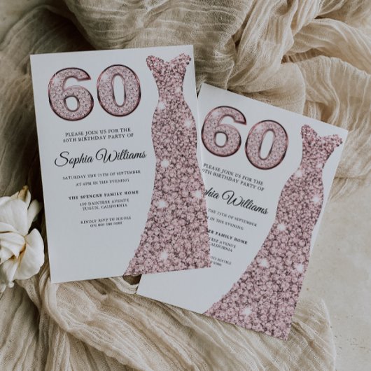 Invitation Robe rose or étincelante femmes 60e fête d'anniver