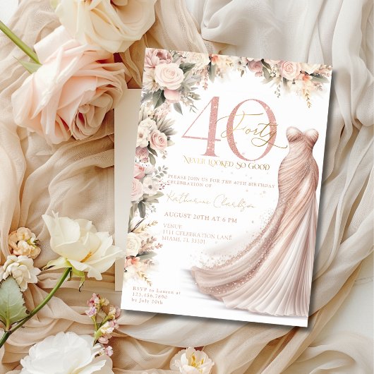 Invitation Robe rose or étincelle Floral 40e fête d'anniversa
