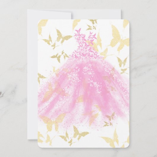 Invitation Robe Rose & Or Papillon Dance Robe Douce 16 Partie (Dos)