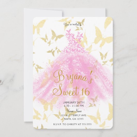 Invitation Robe Rose & Or Papillon Dance Robe Douce 16 Partie (Devant)