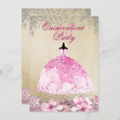 Invitation Robe rose or Parties scintillant argent Quinceaner (Devant / Derrière)