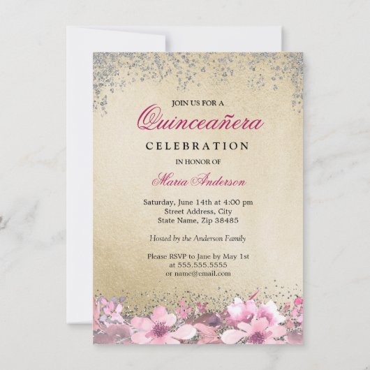 Invitation Robe rose or Parties scintillant argent Quinceaner (Dos)