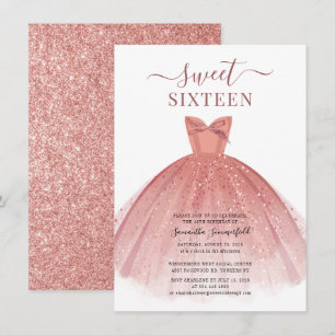 Invitation Robe rose or Parties scintillant douce 16 Annivers