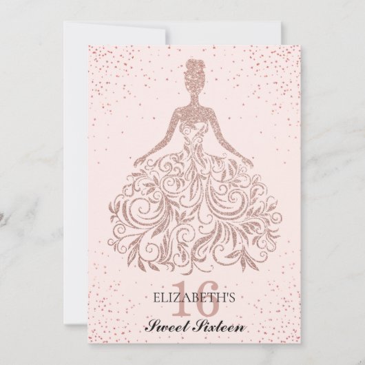 Invitation Robe rose or rose étincelle Douce 16e anniversaire (Devant)