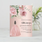 Invitation Robe rose or rose florales Quinceanera (Debout devant)