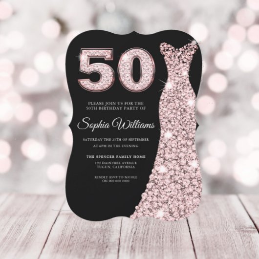 Invitation Robe rose or rose pâle noir 50e anniversaire