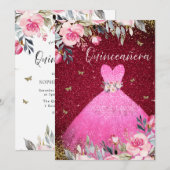 Invitation Robe rose pâle magique Quinceanera florale (Devant / Derrière)