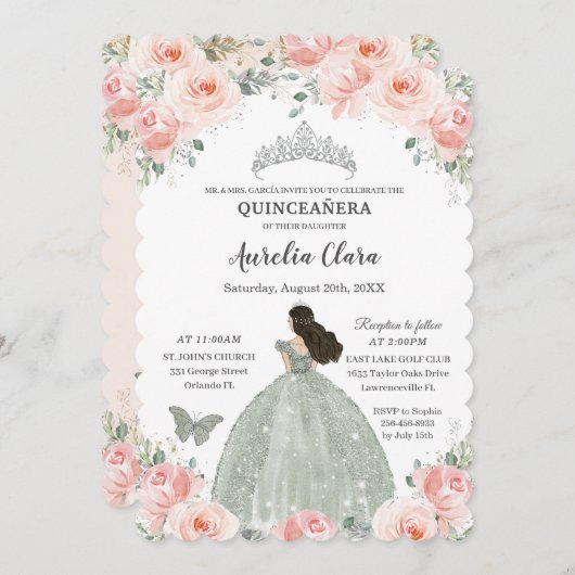Invitation Robe rose pâle rose de Quinceañera Sage vert (Devant / Derrière)