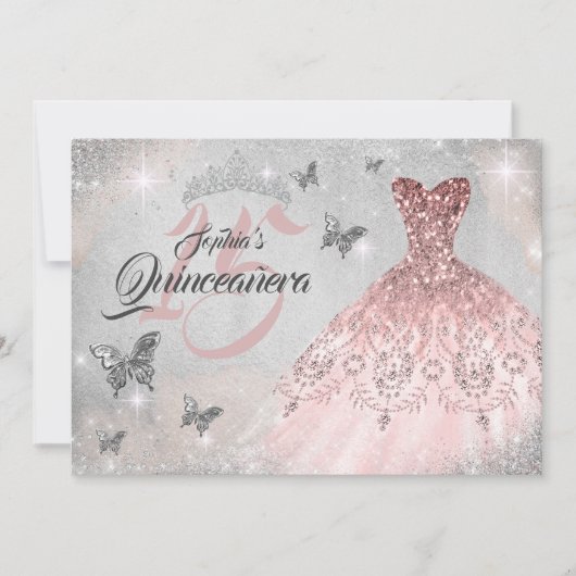 Invitation Robe rose papillon en argent étincelante Quinceane (Devant)