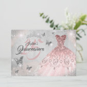 Invitation Robe rose papillon en argent étincelante Quinceane (Debout devant)