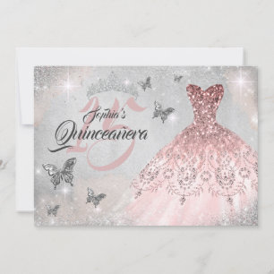 Invitation Robe rose papillon en argent étincelante Quinceane