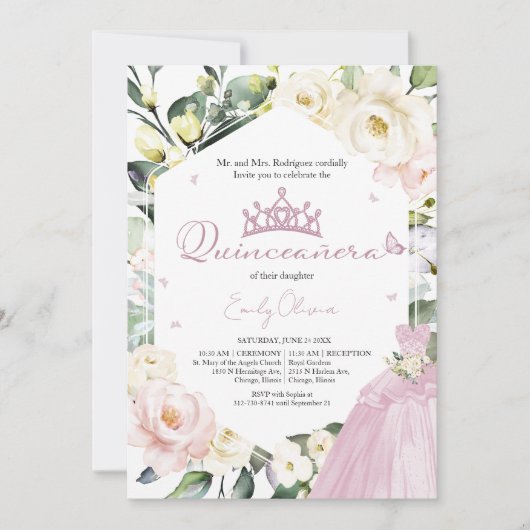 Invitation Robe rose Papillon Floral Quinceañera Bilingue (Devant)