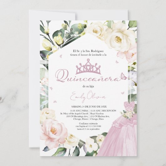 Invitation Robe rose Papillon Floral Quinceañera Bilingue (Dos)