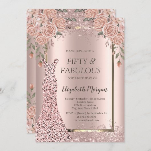 Invitation Robe Rose Parties scintillant or Fleurs Confetti 5 (Devant / Derrière)