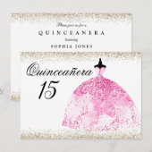 Invitation Robe rose Parties scintillant or Quinceanera invit (Devant / Derrière)