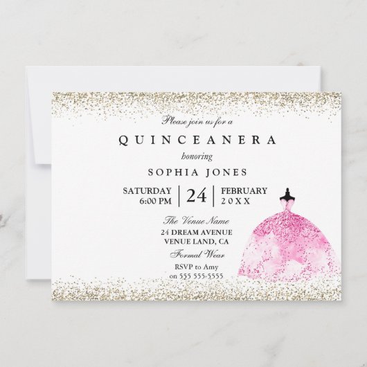 Invitation Robe rose Parties scintillant or Quinceanera invit (Dos)